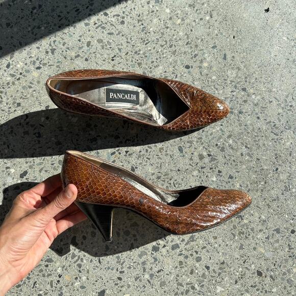 Pancaldi Women’s 10 Heels Brown Snakeskin Leather Heels Vintage Made In Italy - Picture 1 of 3
